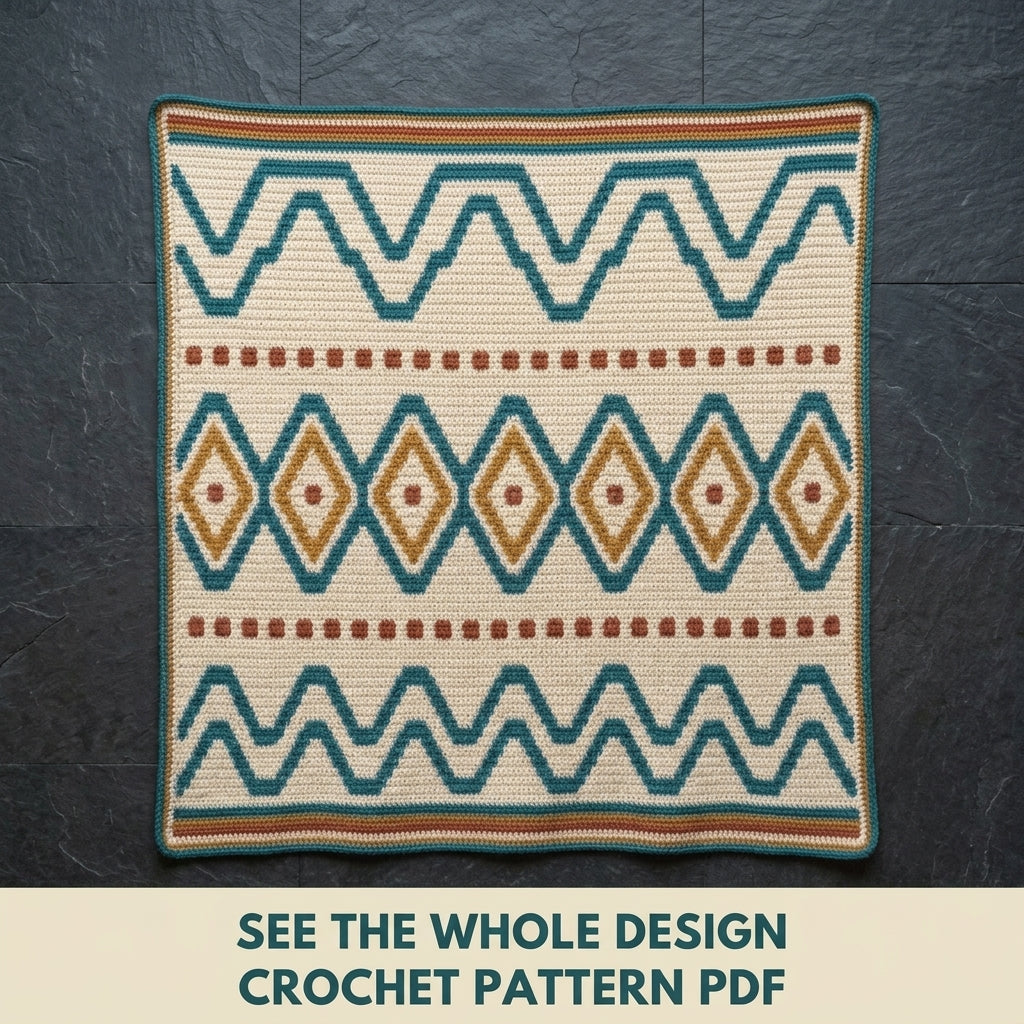 Lozenge Tapestry Crochet Wall Hanging Pattern PDF – Waves and Diamonds in Teal, Mustard and Rust