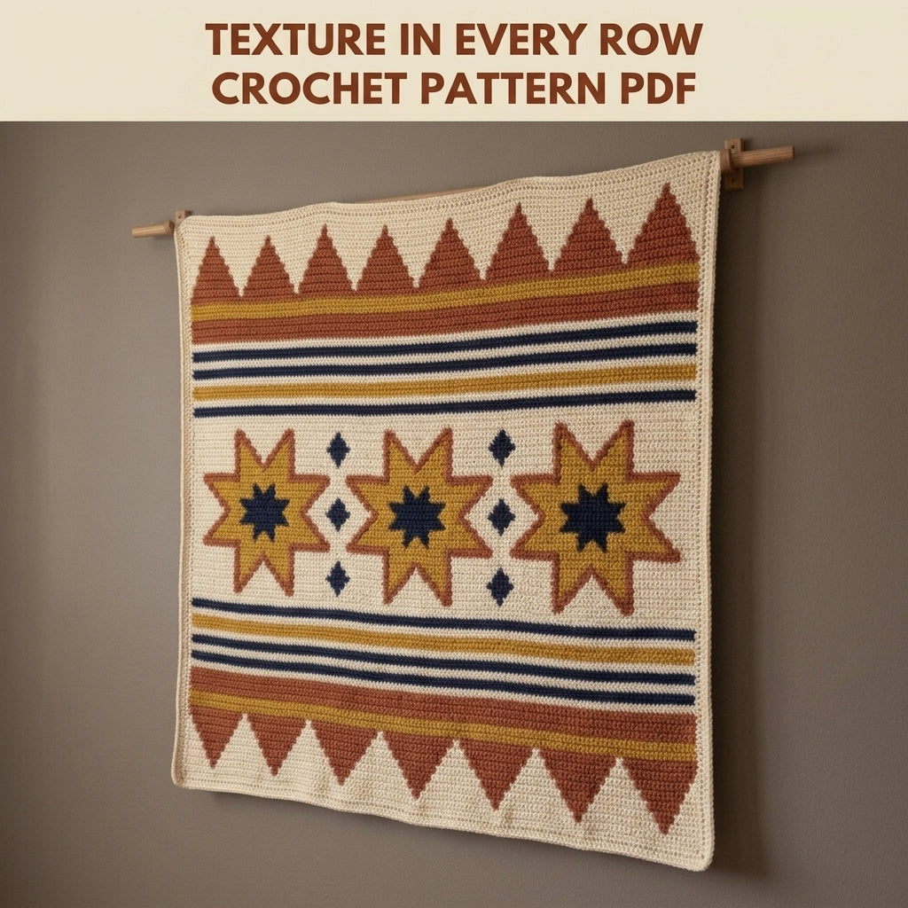Star Tapestry Crochet Wall Hanging Pattern PDF – Eight-Point Stars in Mustard, Rust and Navy
