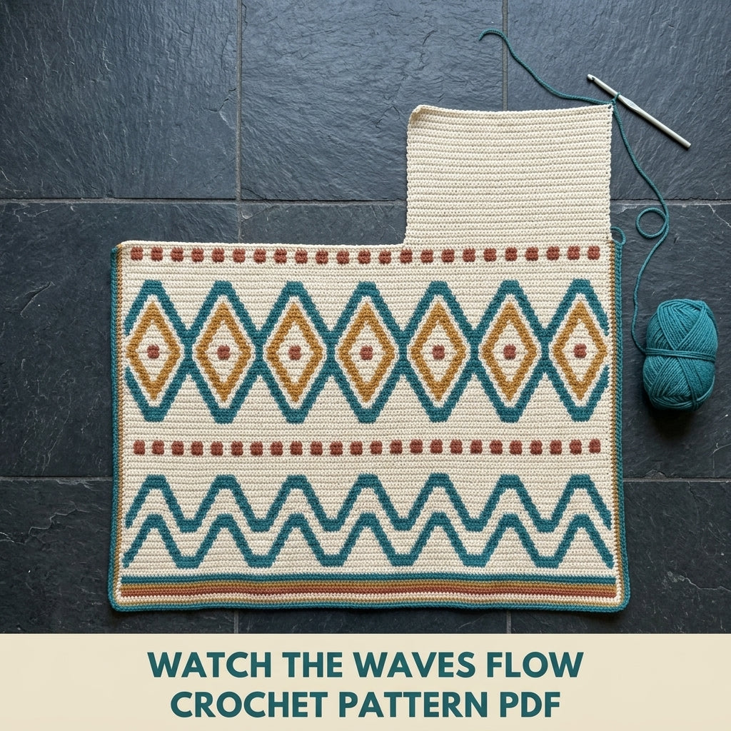 Lozenge Tapestry Crochet Wall Hanging Pattern PDF – Waves and Diamonds in Teal, Mustard and Rust