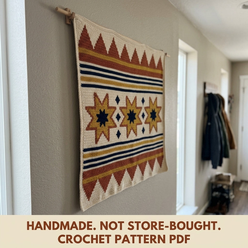 Star Tapestry Crochet Wall Hanging Pattern PDF – Eight-Point Stars in Mustard, Rust and Navy