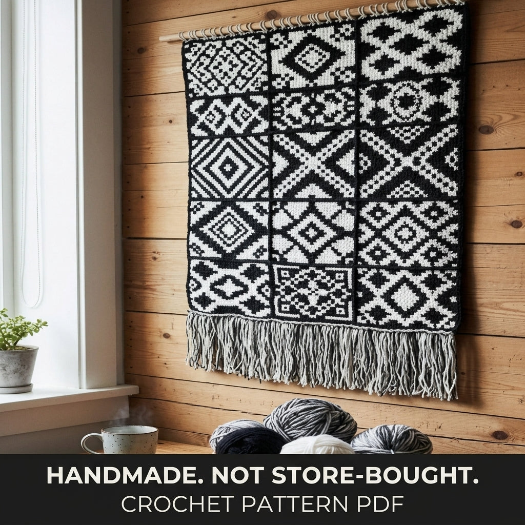 Geometric Tapestry Wall Hanging Crochet Pattern PDF – Black and White Wall Decor