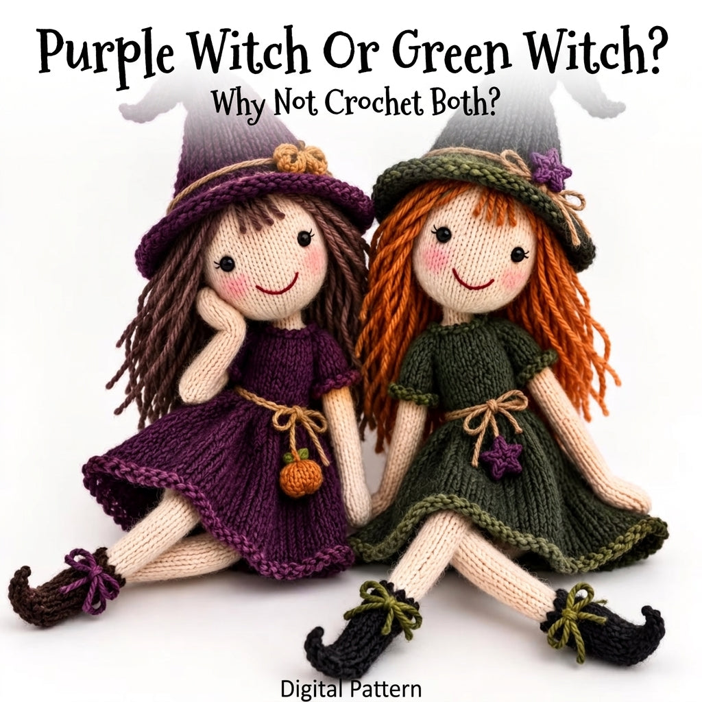 Knitted Witch Doll Pattern | Two Cottage Witches with Hats, Dresses & Curled Boots | KNITTING Pattern PDF | Instant Download