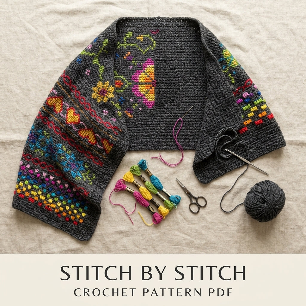 Cross-Stitch Folk Flower Wrap Crochet Pattern PDF – Embroidered Shawl