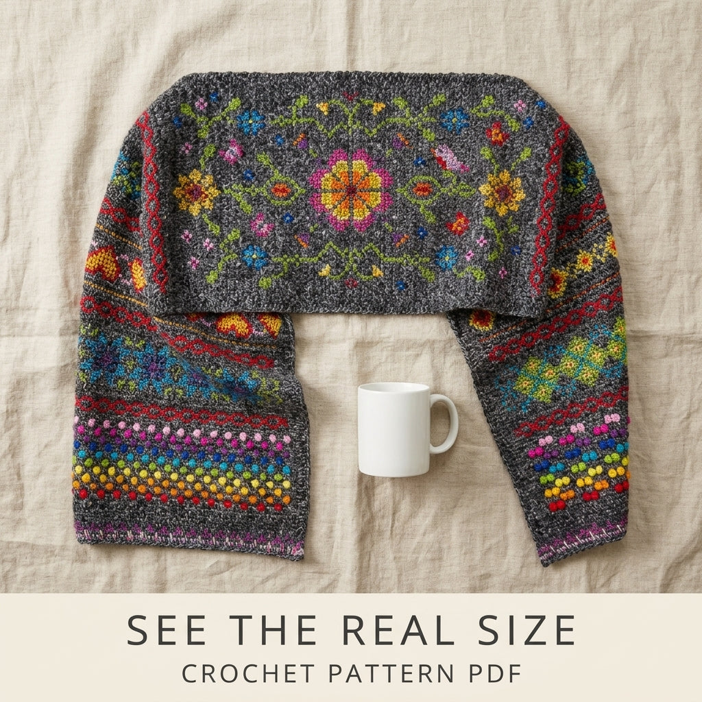 Cross-Stitch Folk Flower Wrap Crochet Pattern PDF – Embroidered Shawl