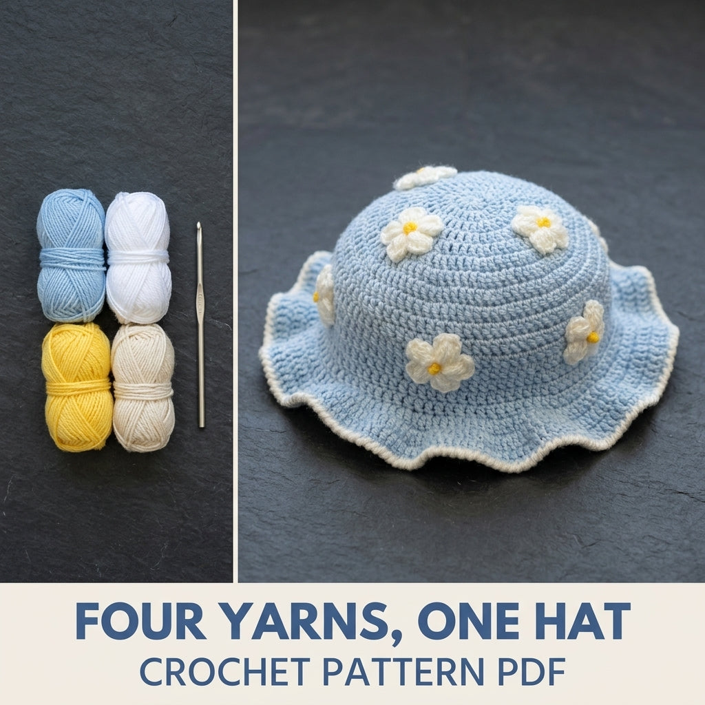 Blue Flower Ruffle Baby Hat Crochet Pattern PDF – Baby Sun Hat with Puff Flowers