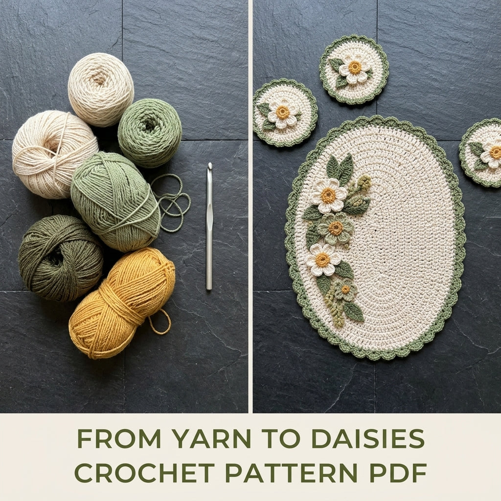 Daisy Placemat and Coaster Set Crochet Pattern PDF – Table Mat with 3D Flowers