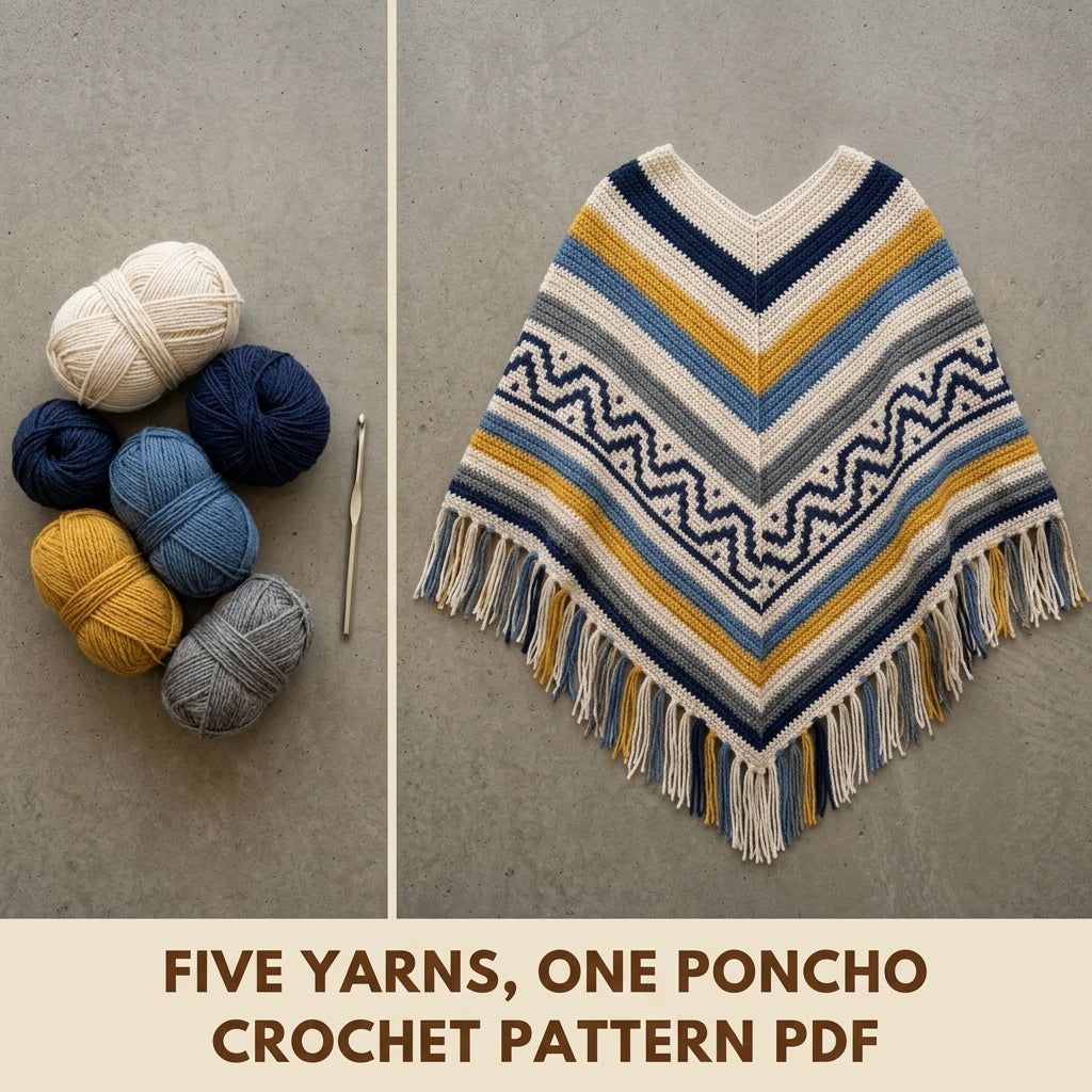 Denim Zigzag Poncho Crochet Pattern PDF – Boho Fringe Poncho with Colourwork Band