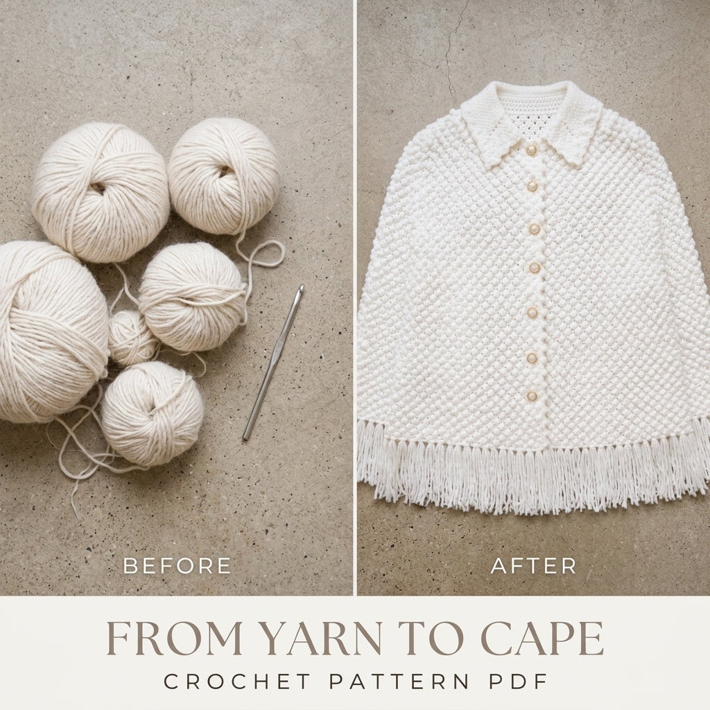 White Bobble Cape Crochet Pattern PDF – Button Front Cape with Collar and Fringe