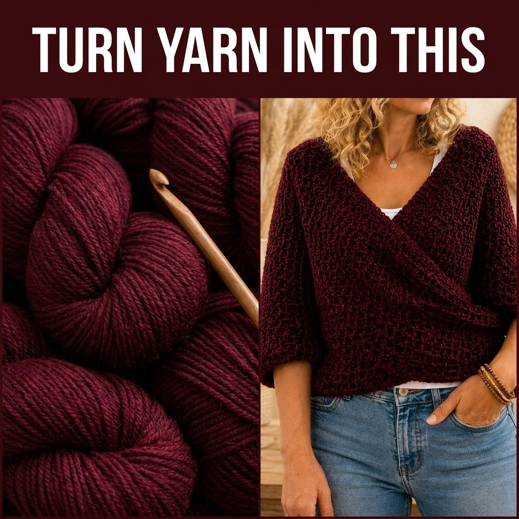 Wrap Front Sweater Crochet Pattern — Textured Surplice Jumper with 3/4 Sleeves, Sizes XS–3XL, US Terms, PDF Download