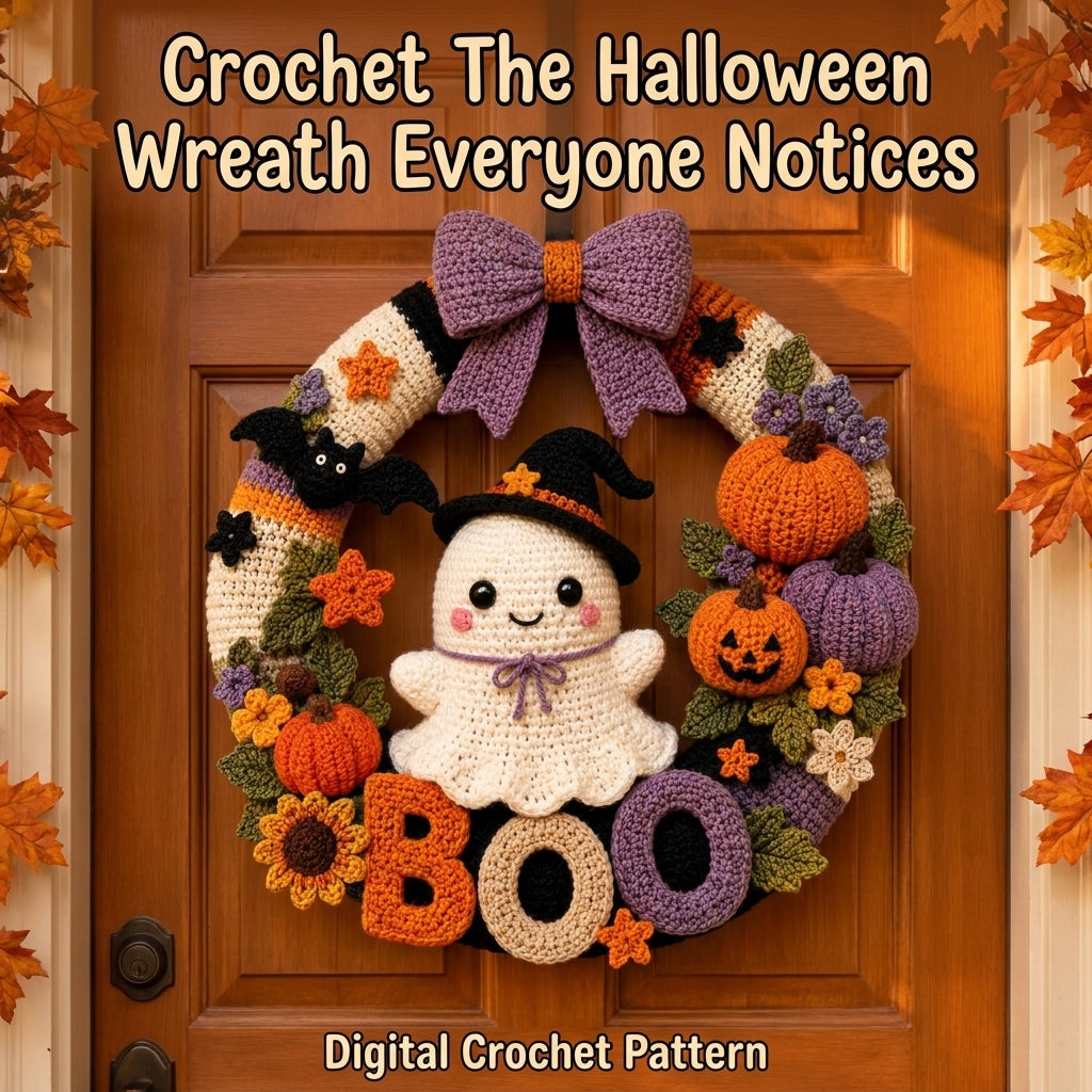 Halloween Wreath Crochet Pattern — Ghost and Pumpkin Door Wreath with BOO Letters, US Terms, PDF Download