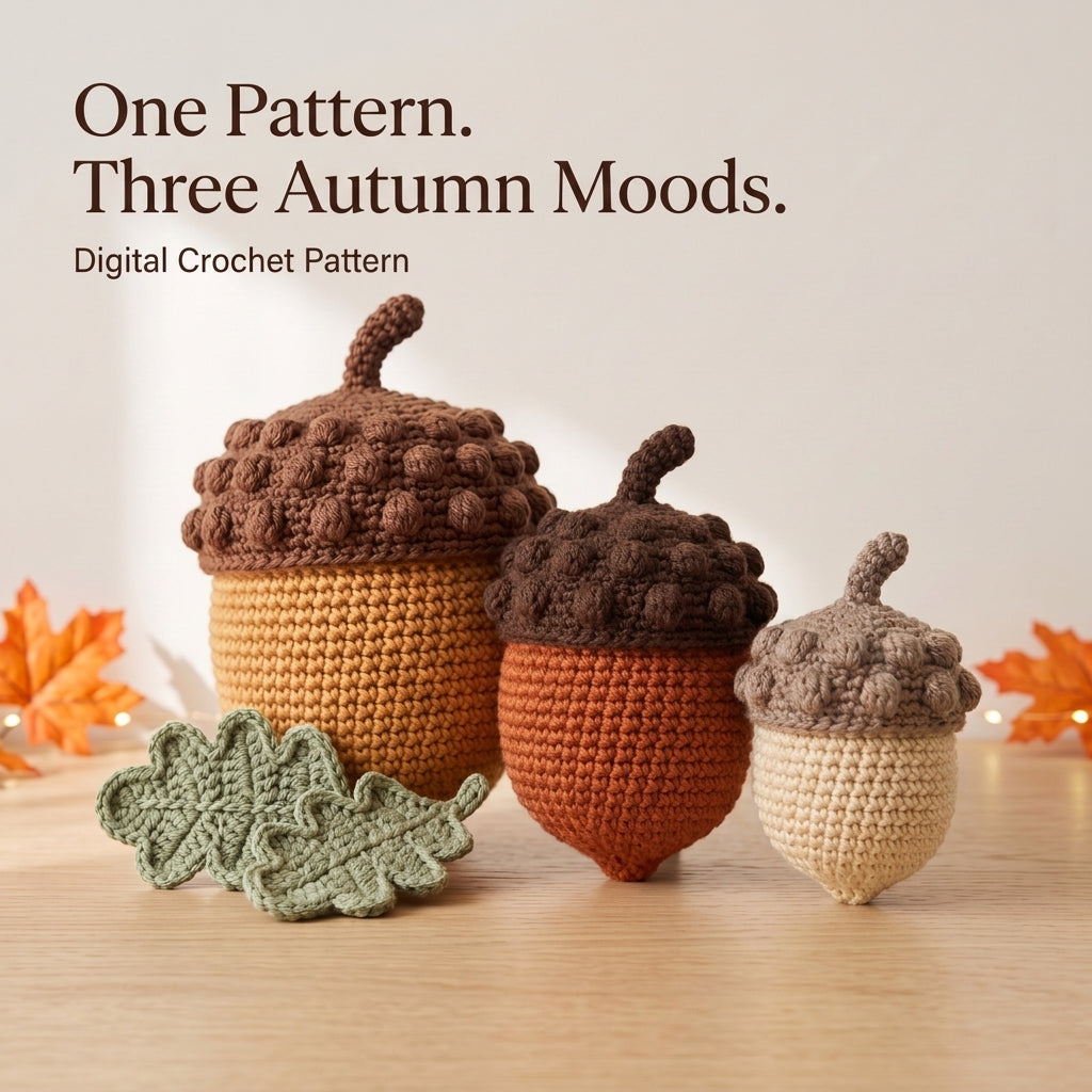 Crochet Acorn Pattern – 3 Sizes with Oak Leaves, Fall Décor