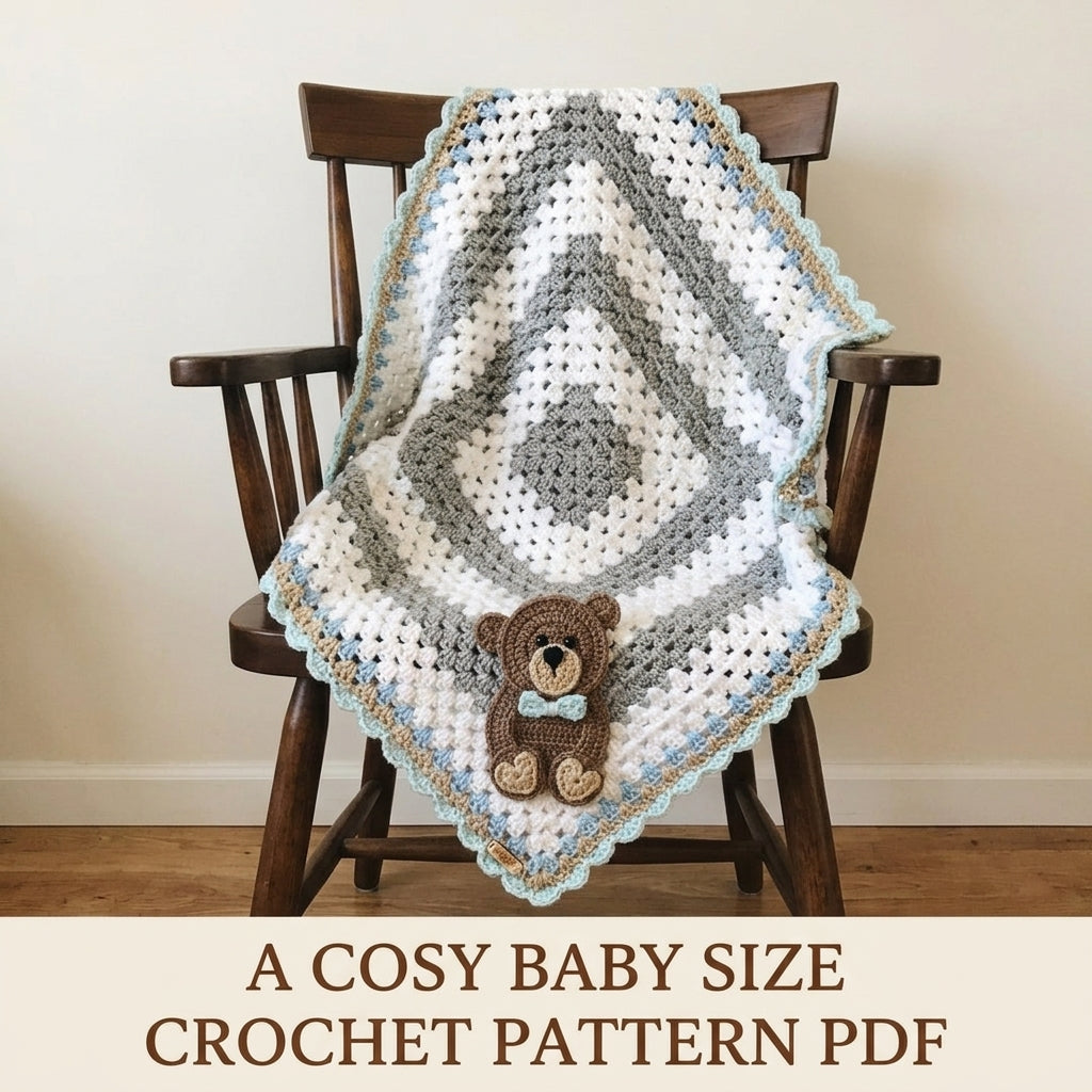 Teddy Bear Granny Baby Blanket Crochet Pattern PDF – Granny Square with Bear Appliqué