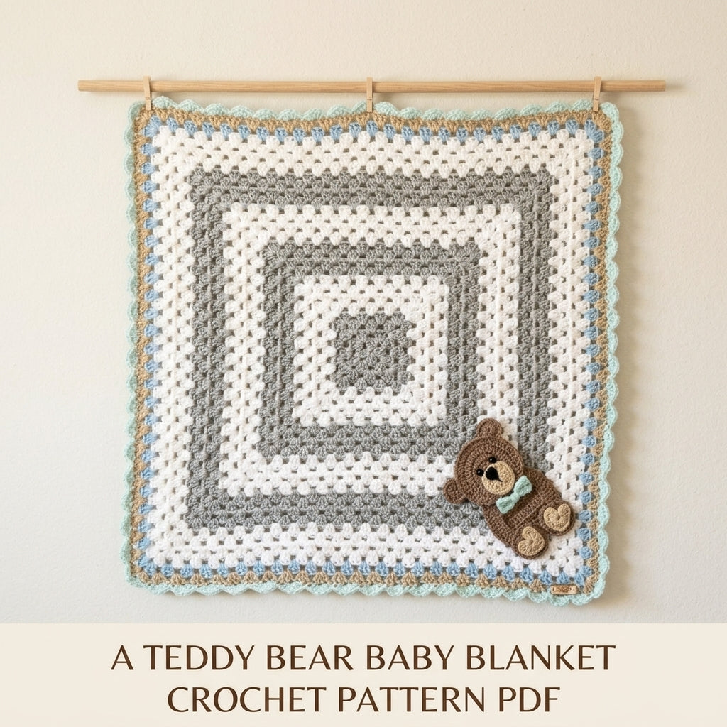 Teddy Bear Granny Baby Blanket Crochet Pattern PDF – Granny Square with Bear Appliqué