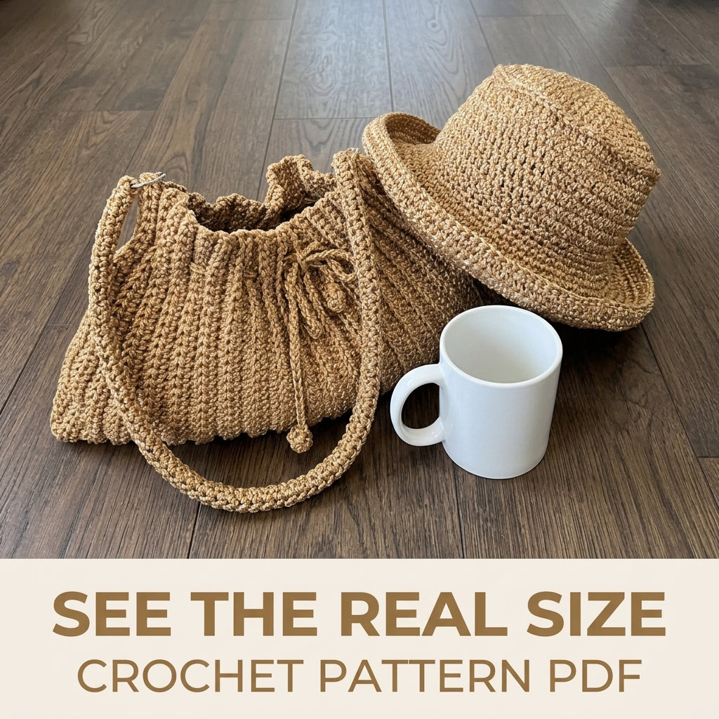 Golden Ribbed Drawstring Bag and Sun Hat Crochet Pattern PDF – Matching Summer Set