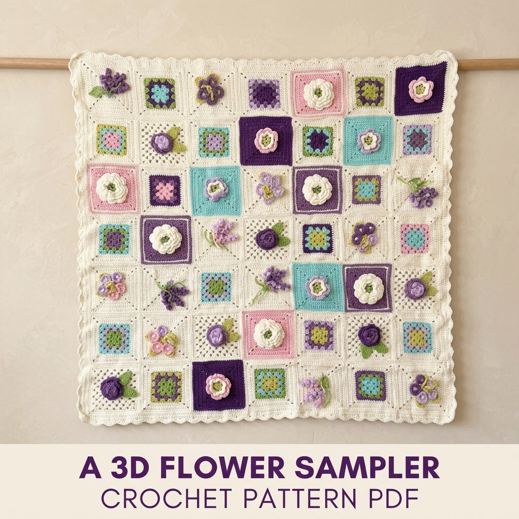 3D Flower Granny Sampler Blanket Crochet Pattern PDF – Rose and Violet Afghan