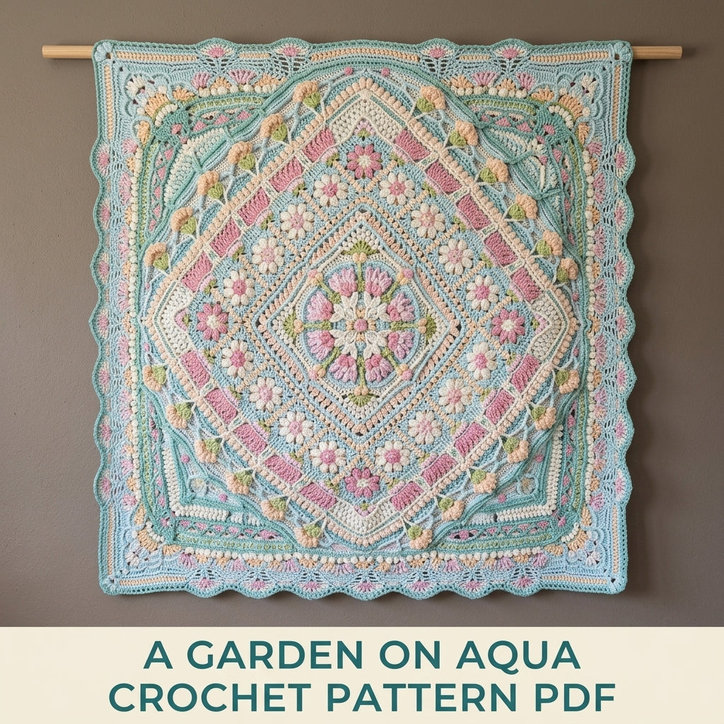 Aqua Garden Crochet Blanket Pattern PDF – Flower Medallion Square Throw with Daisies