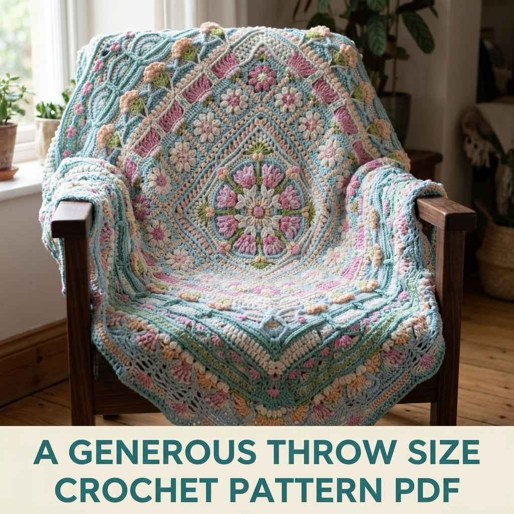 Aqua Garden Crochet Blanket Pattern PDF – Flower Medallion Square Throw with Daisies