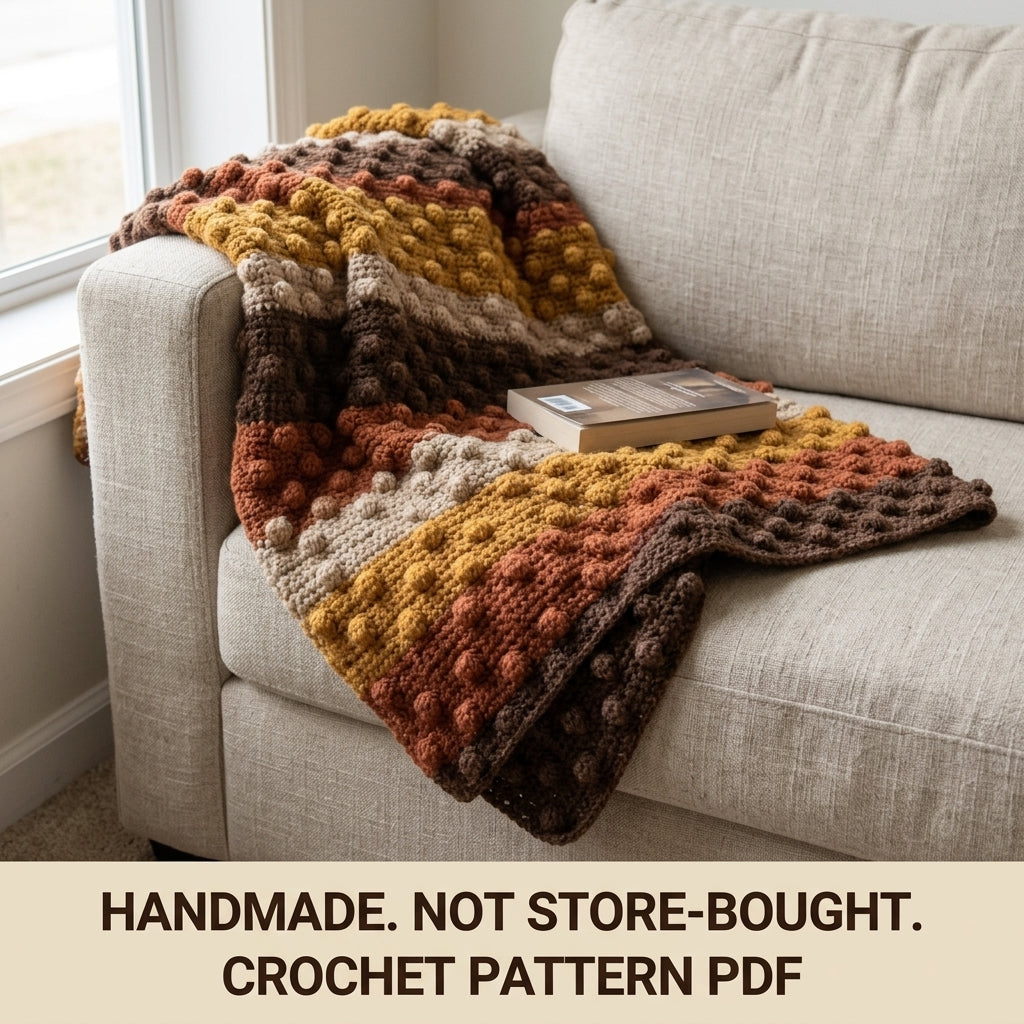 Pinecone Stitch Crochet Blanket Pattern PDF – Easy Textured Autumn Throw in Brown, Rust and Mustard