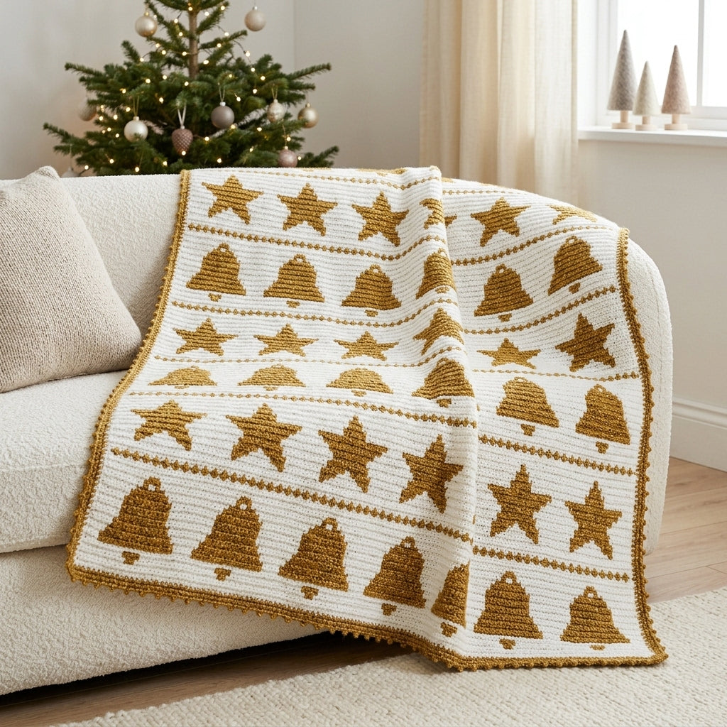 Bells and Stars Crochet Blanket Pattern PDF – Christmas Tapestry Crochet Throw in Gold and White