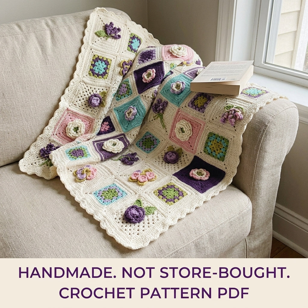 3D Flower Granny Sampler Blanket Crochet Pattern PDF – Rose and Violet Afghan