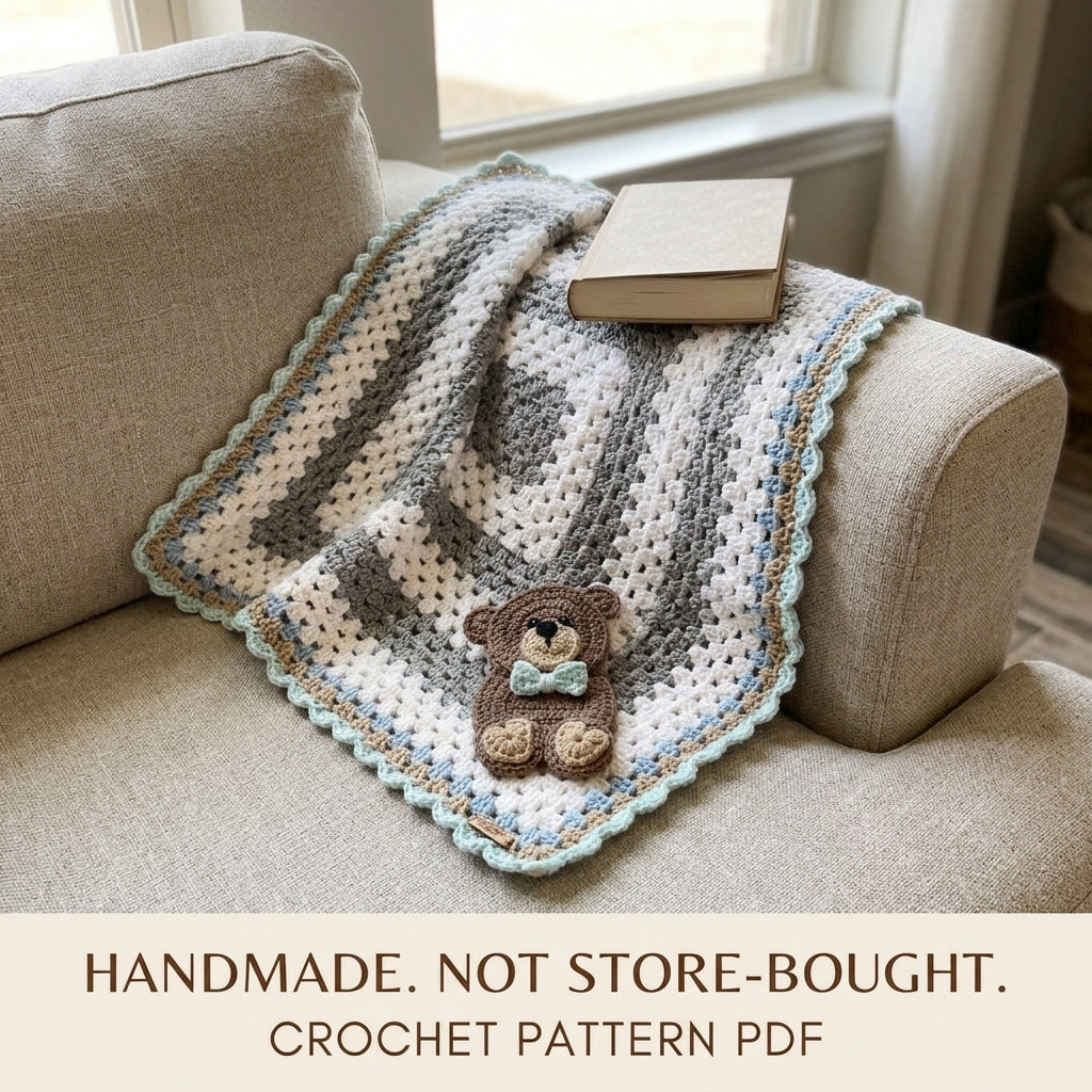 Teddy Bear Granny Baby Blanket Crochet Pattern PDF – Granny Square with Bear Appliqué