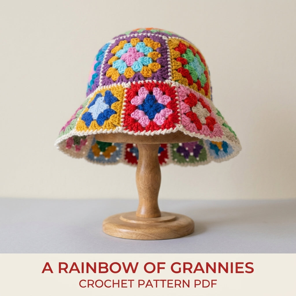 Rainbow Granny Square Bucket Hat Crochet Pattern PDF – Rainbow Stash Buster Hat