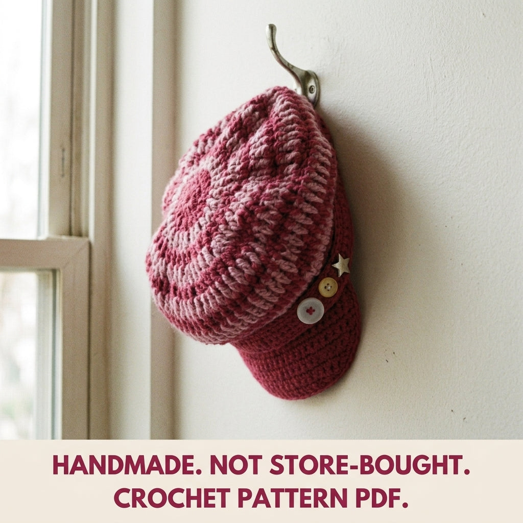 Raspberry Two-Tone Newsboy Cap Crochet Pattern PDF – Slouchy Brimmed Hat with Button Strap
