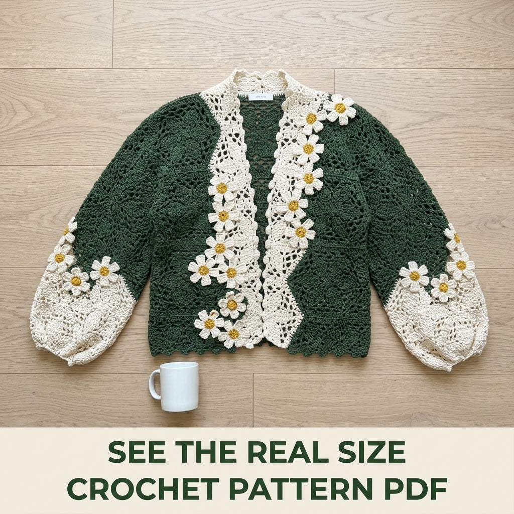 Daisy Cardigan Crochet Pattern PDF – Green and Cream Lace Cardigan