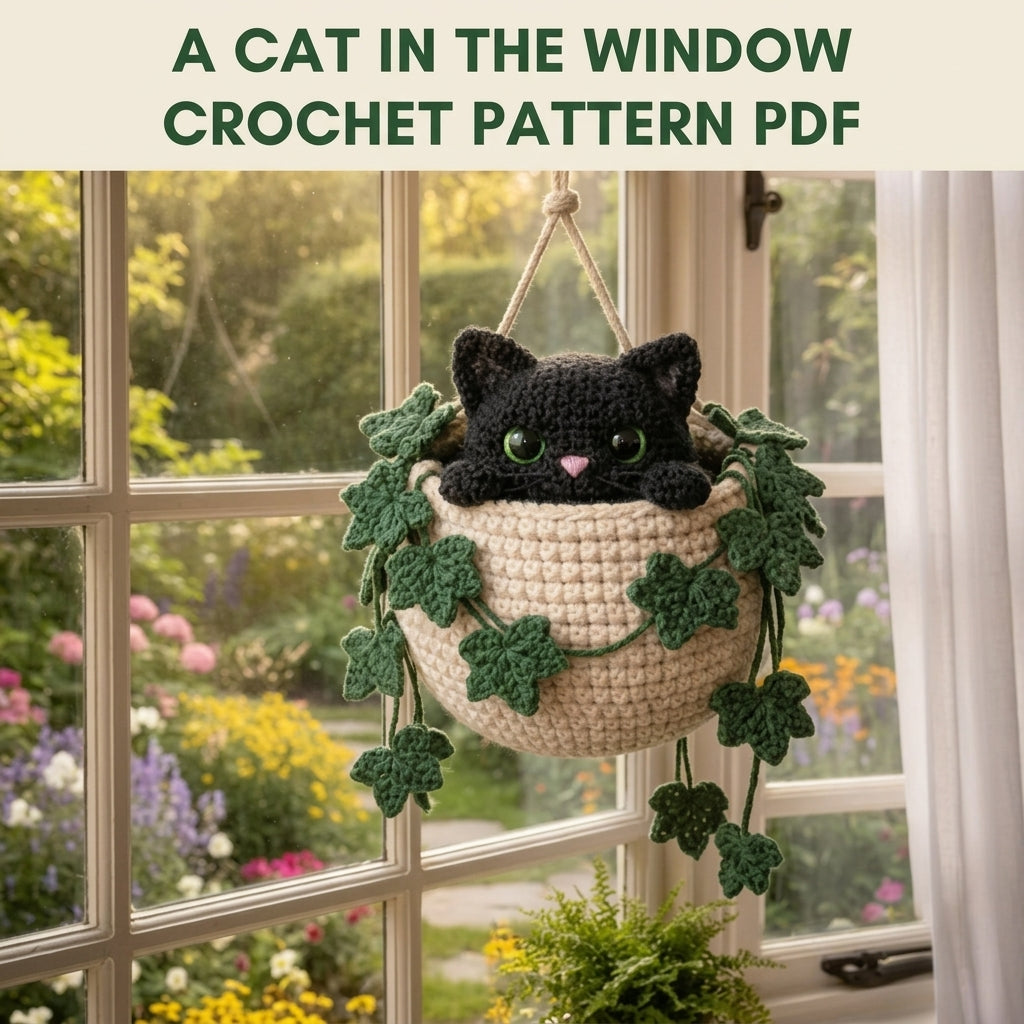 Black Cat Ivy Hanging Basket Crochet Pattern PDF – Window Decor