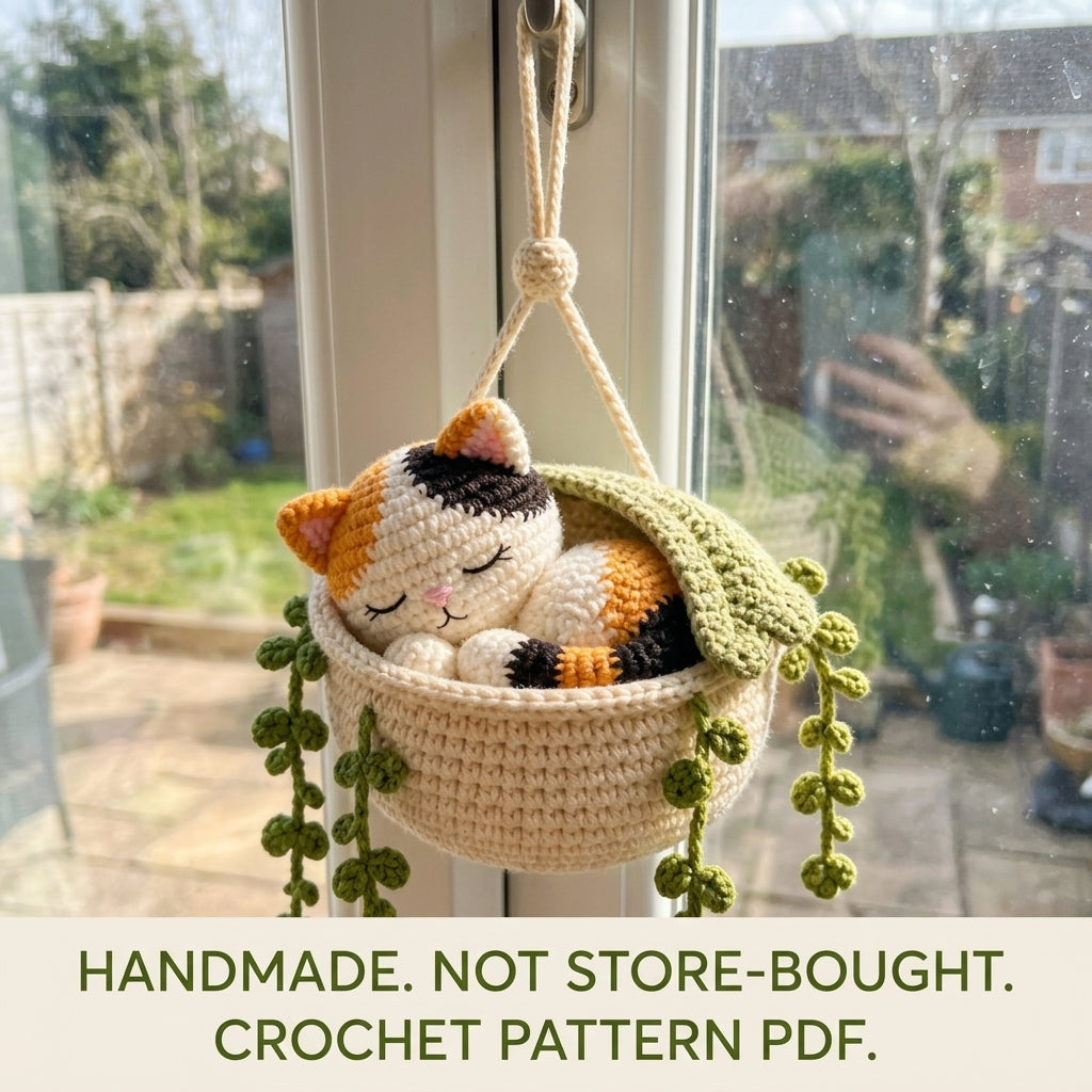 Sleeping Cat Basket Car Charm Crochet Pattern PDF – Rear View Mirror Hanging