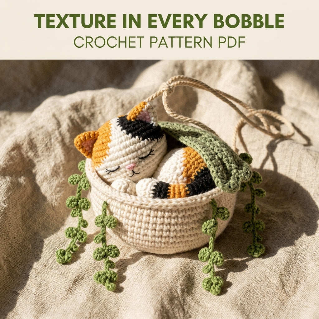Sleeping Cat Basket Car Charm Crochet Pattern PDF – Rear View Mirror Hanging