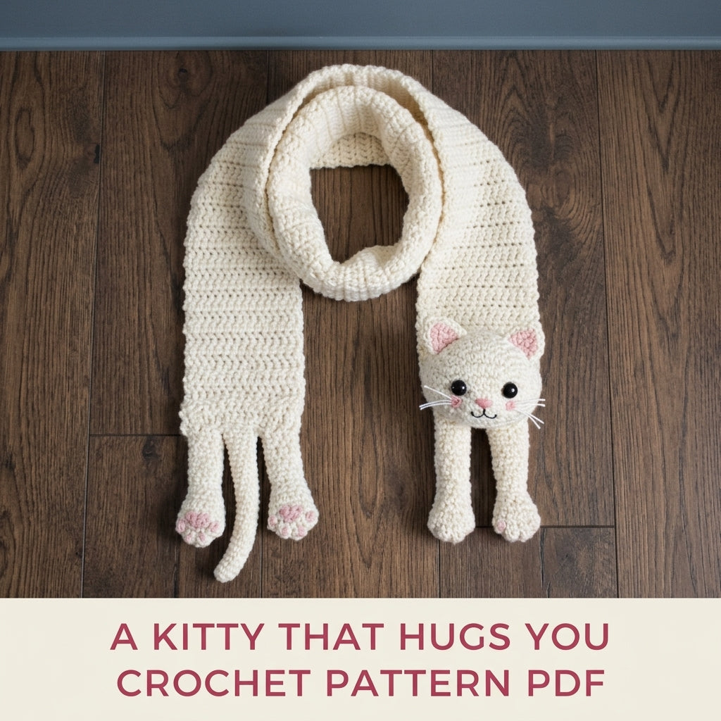 Kitty Hug Scarf Crochet Pattern PDF – Cat Scarf with 3D Head and Paws