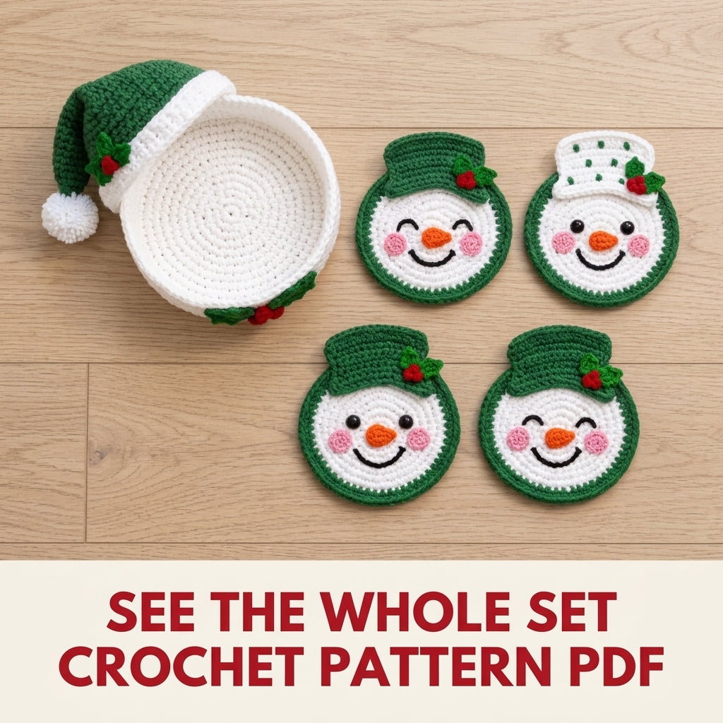 Green Snowman Coaster Set Crochet Pattern PDF – Snowman Coasters with Holder