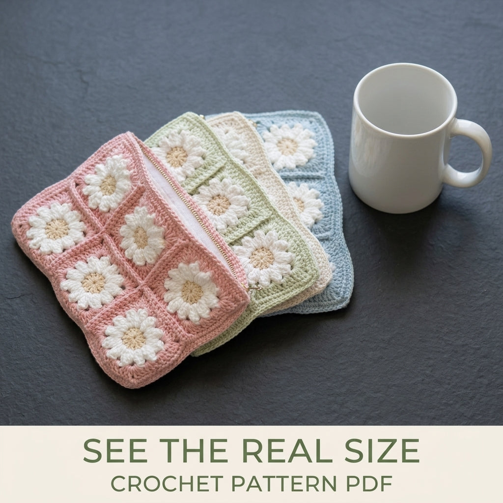 Daisy Granny Zip Pouch Crochet Pattern PDF – Lined Makeup Bag