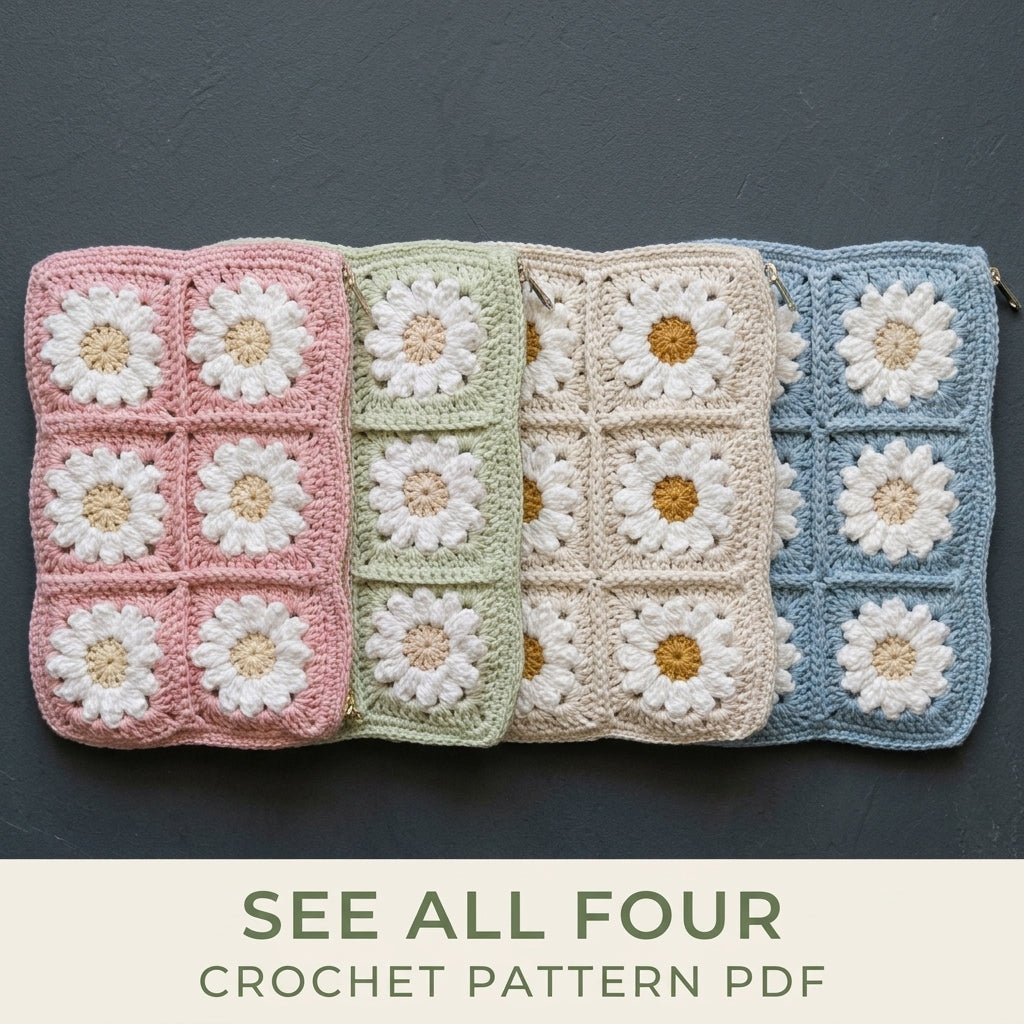 Daisy Granny Zip Pouch Crochet Pattern PDF – Lined Makeup Bag