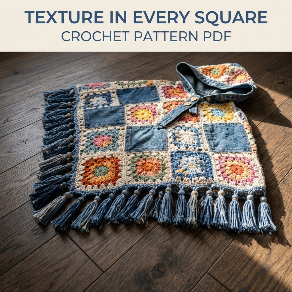 Denim Granny Square Poncho Crochet Pattern PDF – Kids Hooded Poncho