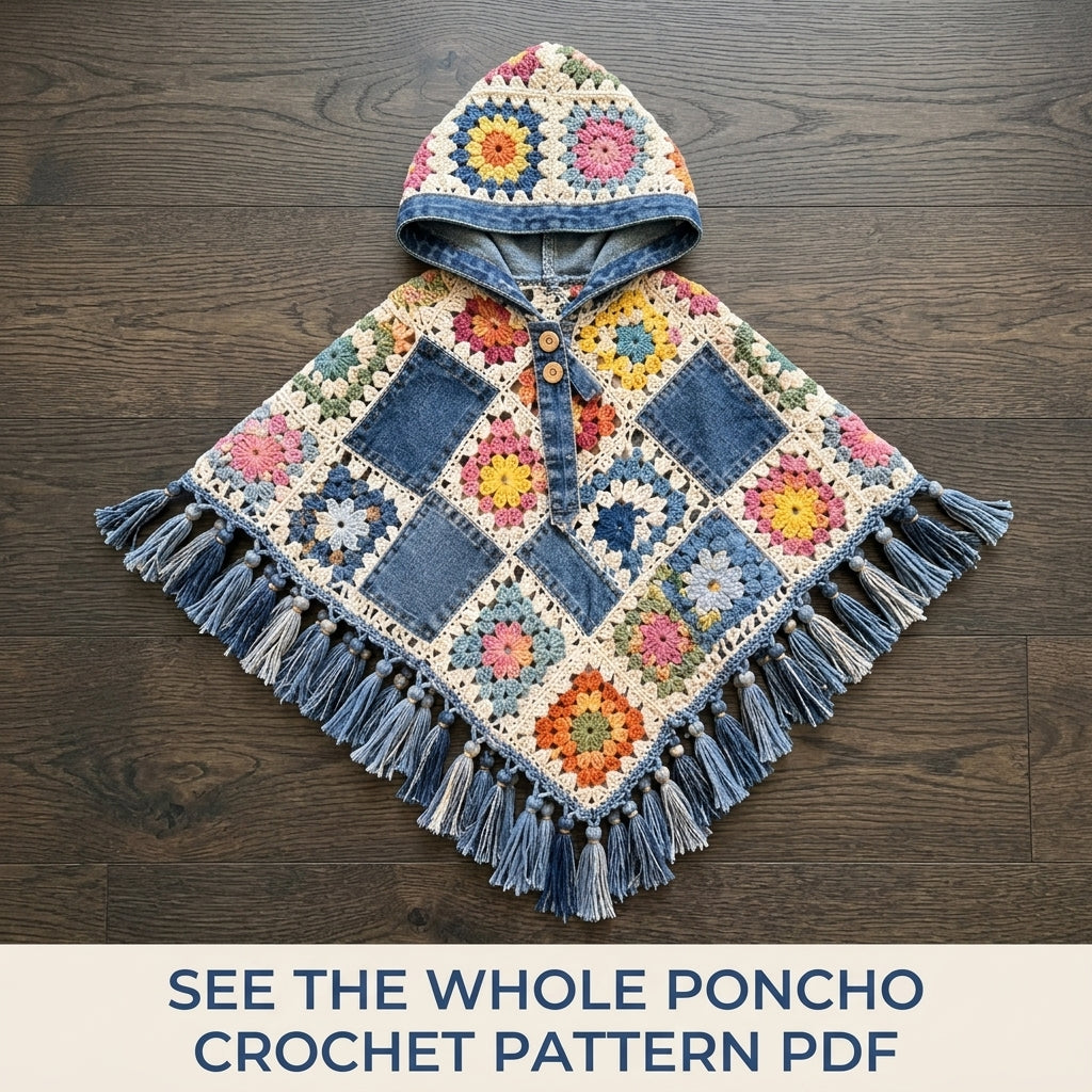 Denim Granny Square Poncho Crochet Pattern PDF – Kids Hooded Poncho