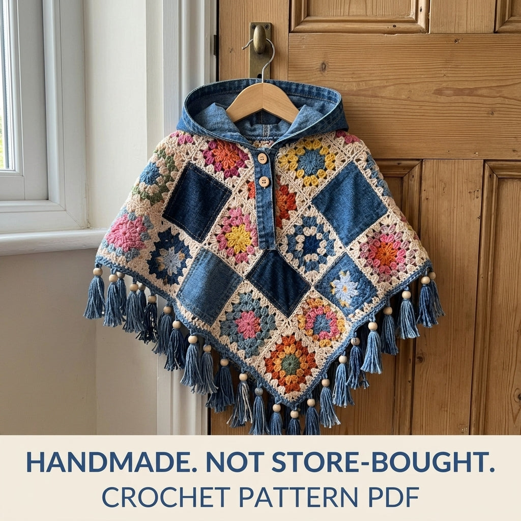 Denim Granny Square Poncho Crochet Pattern PDF – Kids Hooded Poncho