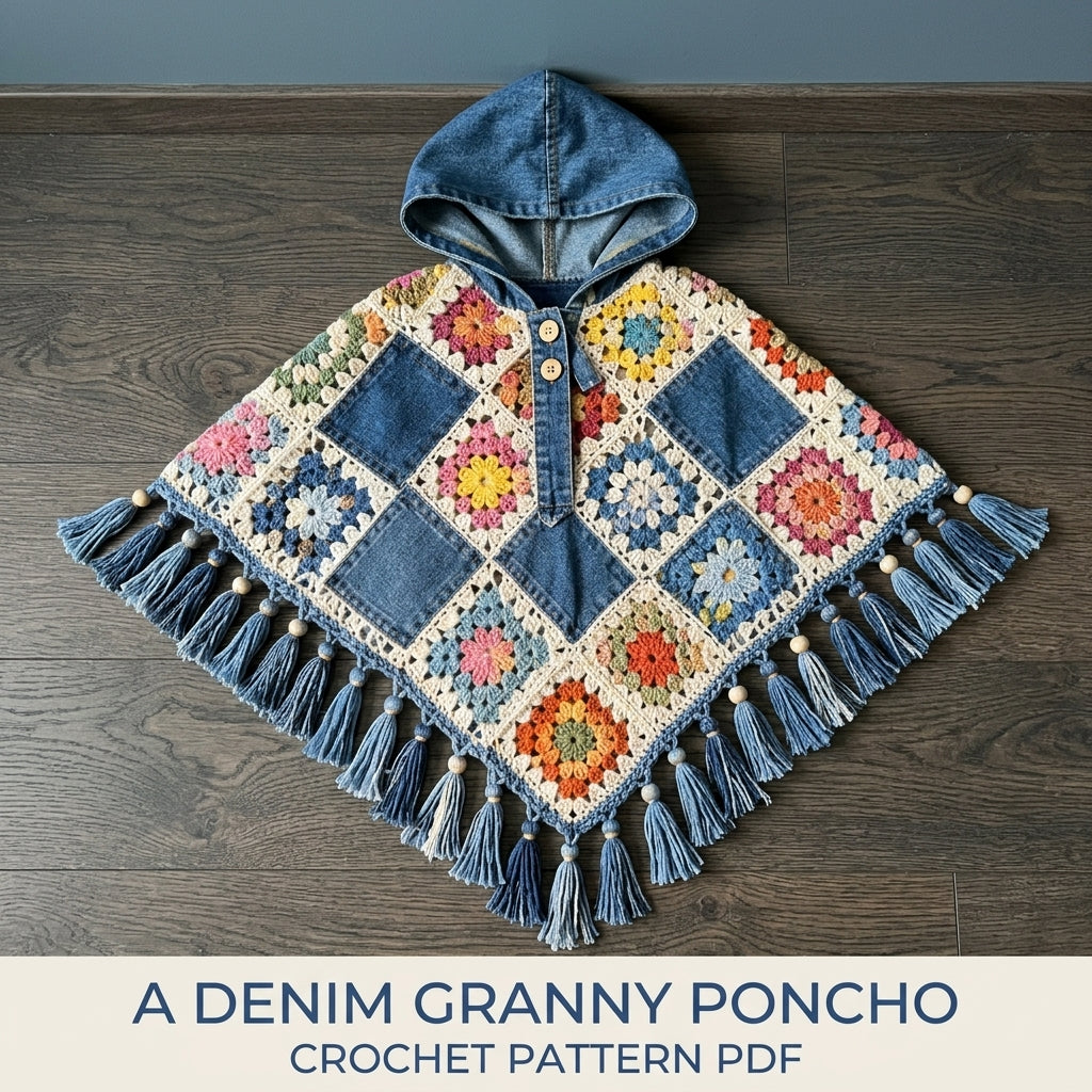 Denim Granny Square Poncho Crochet Pattern PDF – Kids Hooded Poncho