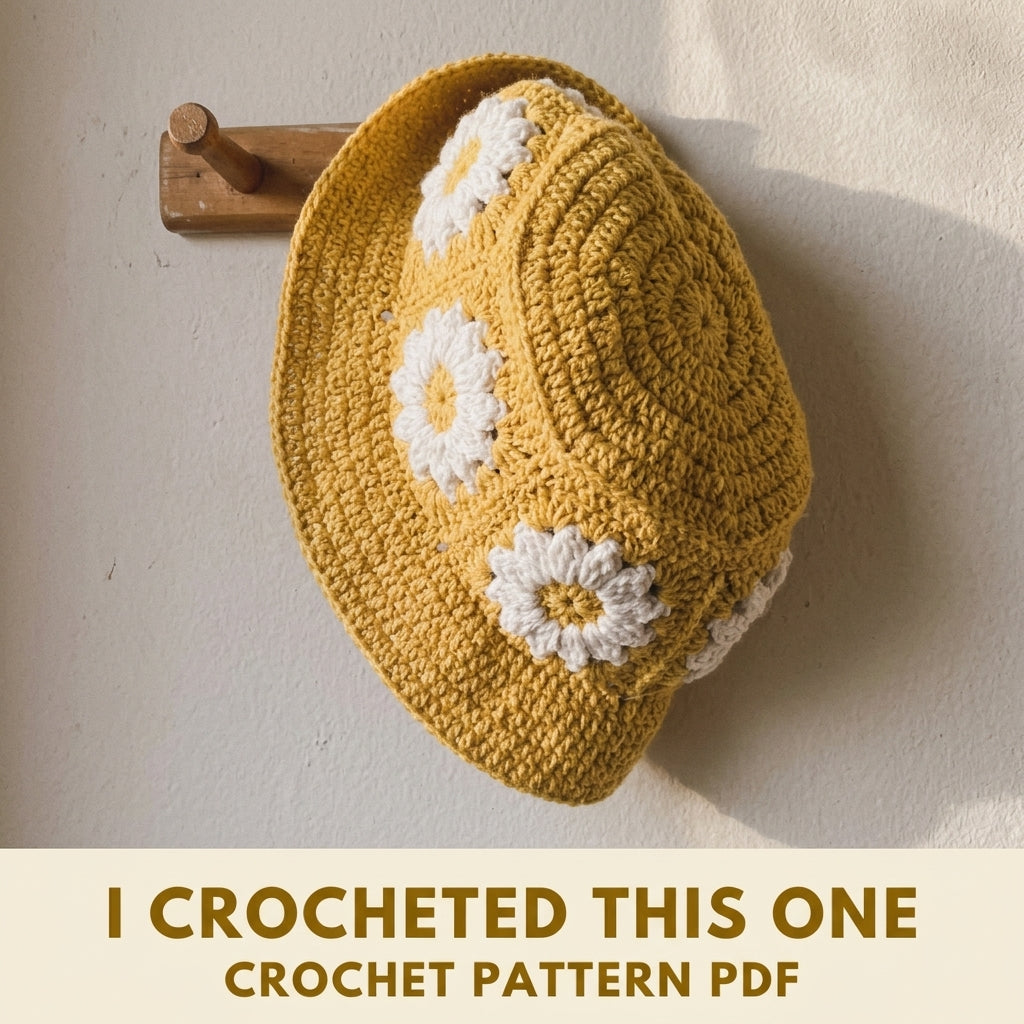 Mustard Daisy Granny Bucket Hat Crochet Pattern PDF – Granny Square Flower Sun Hat