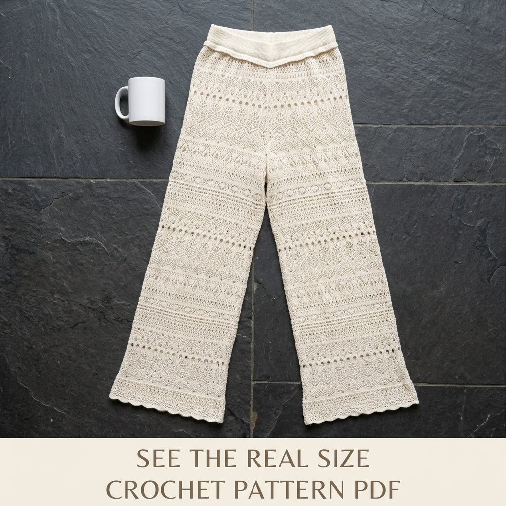 Cream Lace Wide Leg Pants Crochet Pattern PDF – Summer Lace Trousers