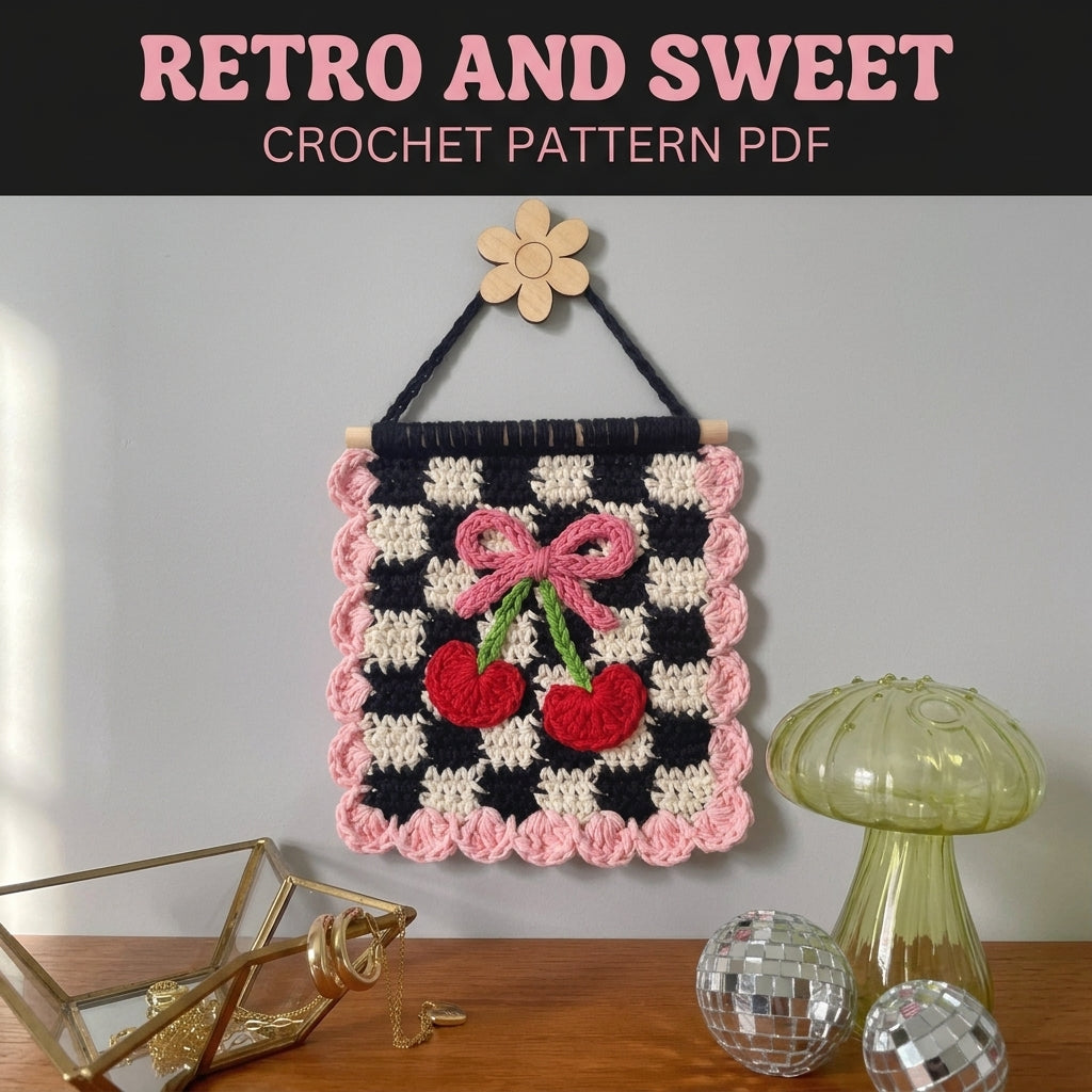 Cherry Bow Gingham Mini Banner Crochet Pattern PDF – Retro Wall Decor