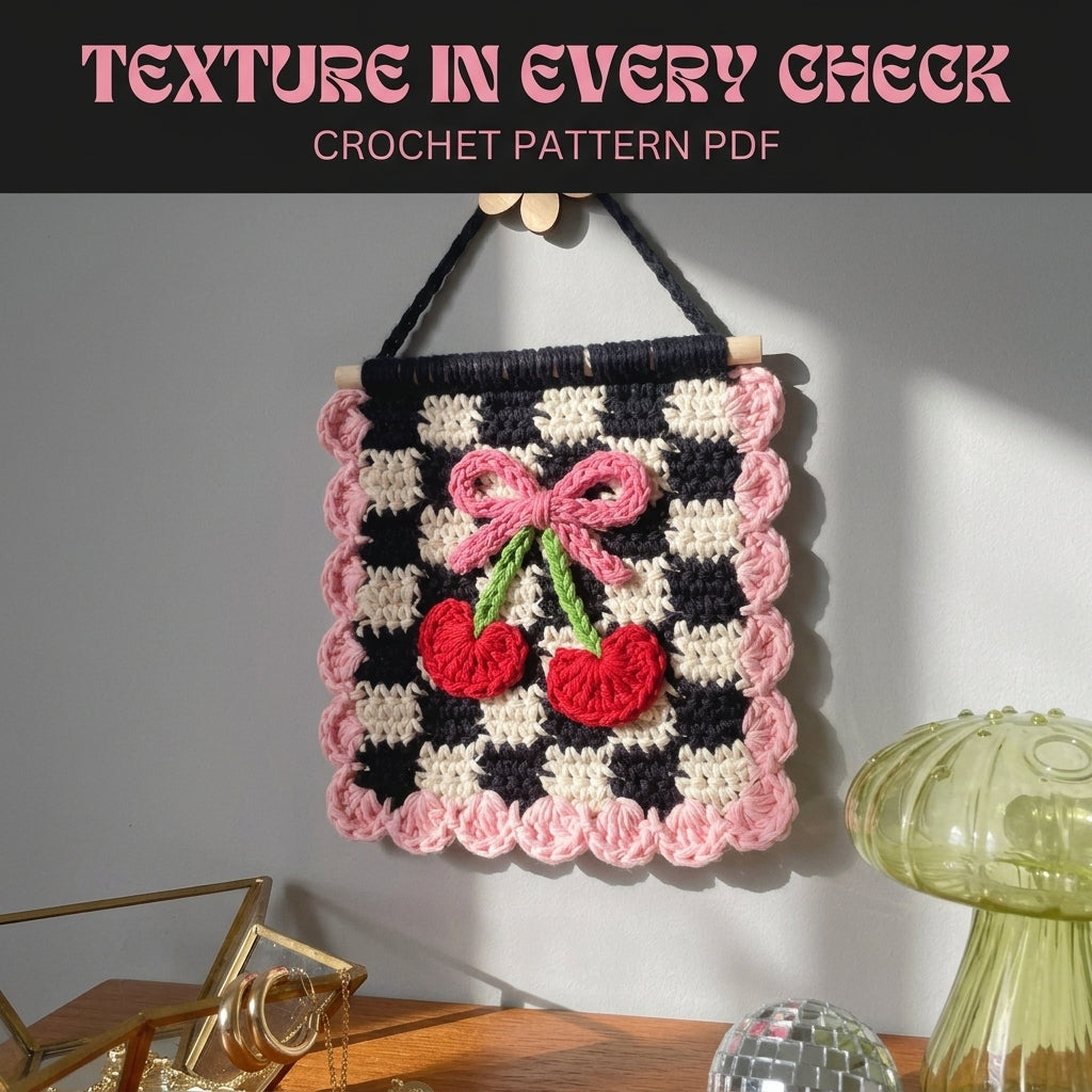 Cherry Bow Gingham Mini Banner Crochet Pattern PDF – Retro Wall Decor