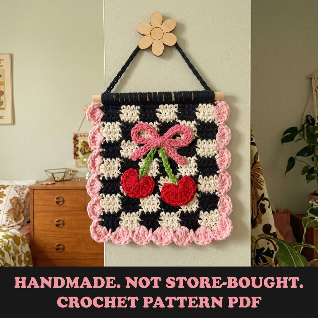Cherry Bow Gingham Mini Banner Crochet Pattern PDF – Retro Wall Decor