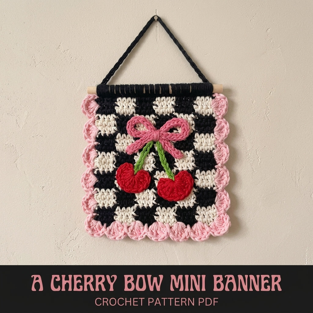 Cherry Bow Gingham Mini Banner Crochet Pattern PDF – Retro Wall Decor