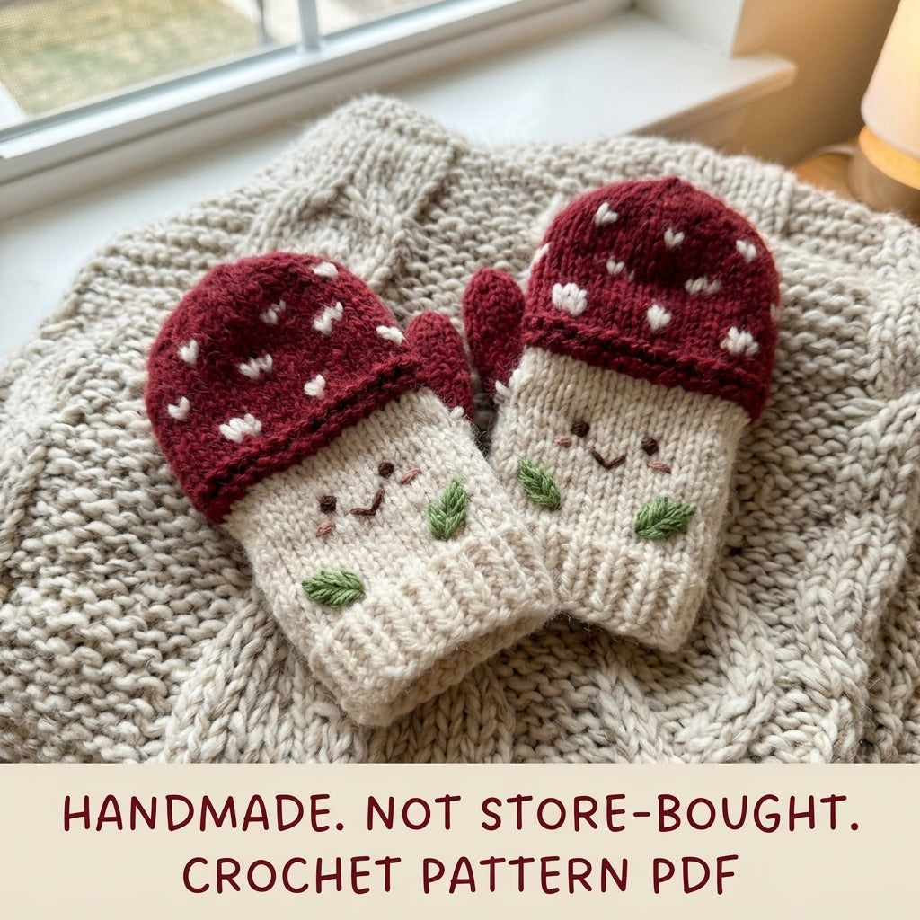 Mushroom Mittens Crochet Pattern PDF – Kids Toadstool Mittens with Faces