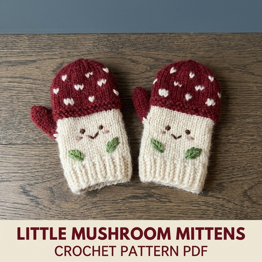 Mushroom Mittens Crochet Pattern PDF – Kids Toadstool Mittens with Faces