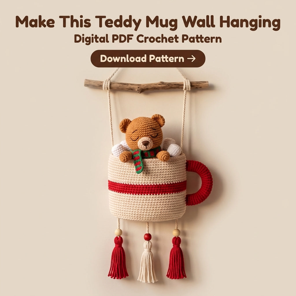 Crochet Cocoa Mug Wall Hanging Pattern – Sleepy Teddy Bear with Marshmallows