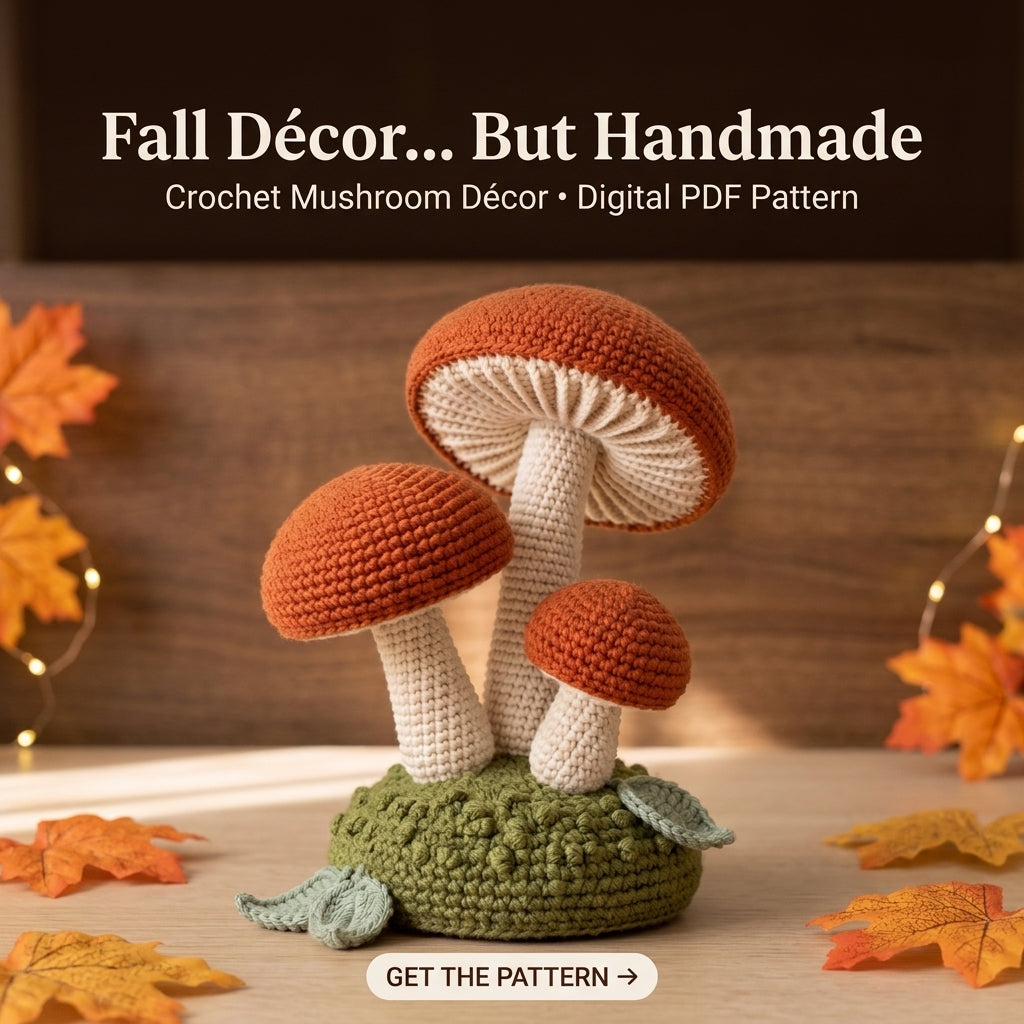 Crochet Mushroom Pattern – Mushroom Cluster on a Moss Base, Cottagecore Décor