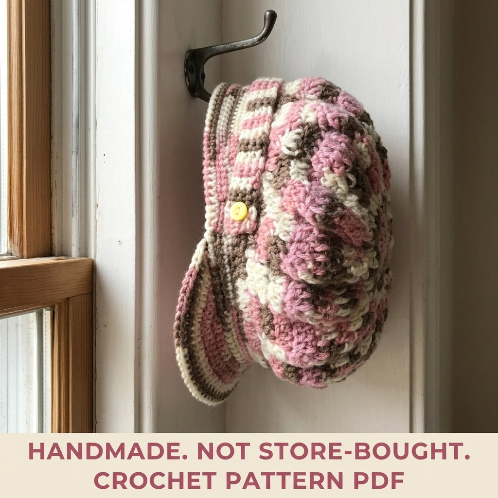 Newsboy Cap Crochet Pattern PDF – Slouchy Brimmed Hat with Button Tab